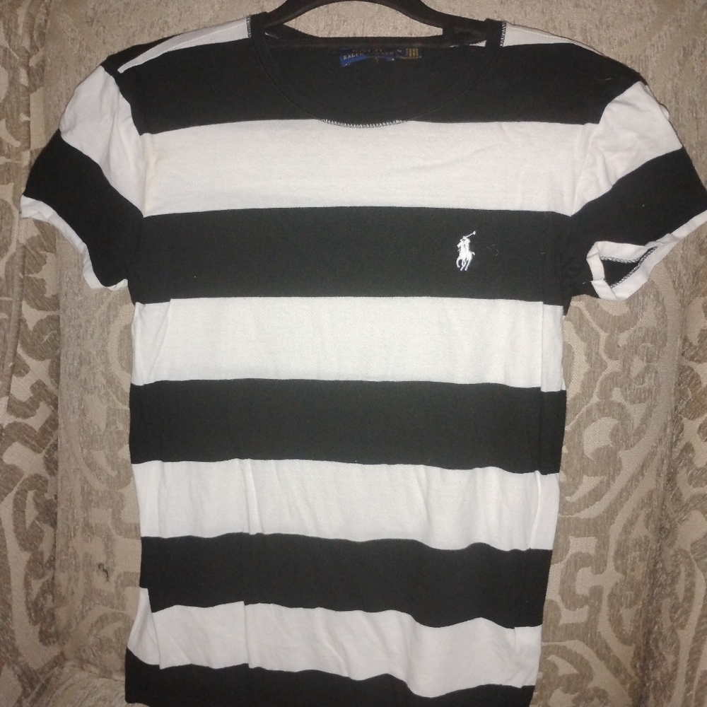 RALPH LAUREN = BLACK & WHITE STRIPE T-SHIRT = WHITE LABEL WOMAN'S = SIZE M